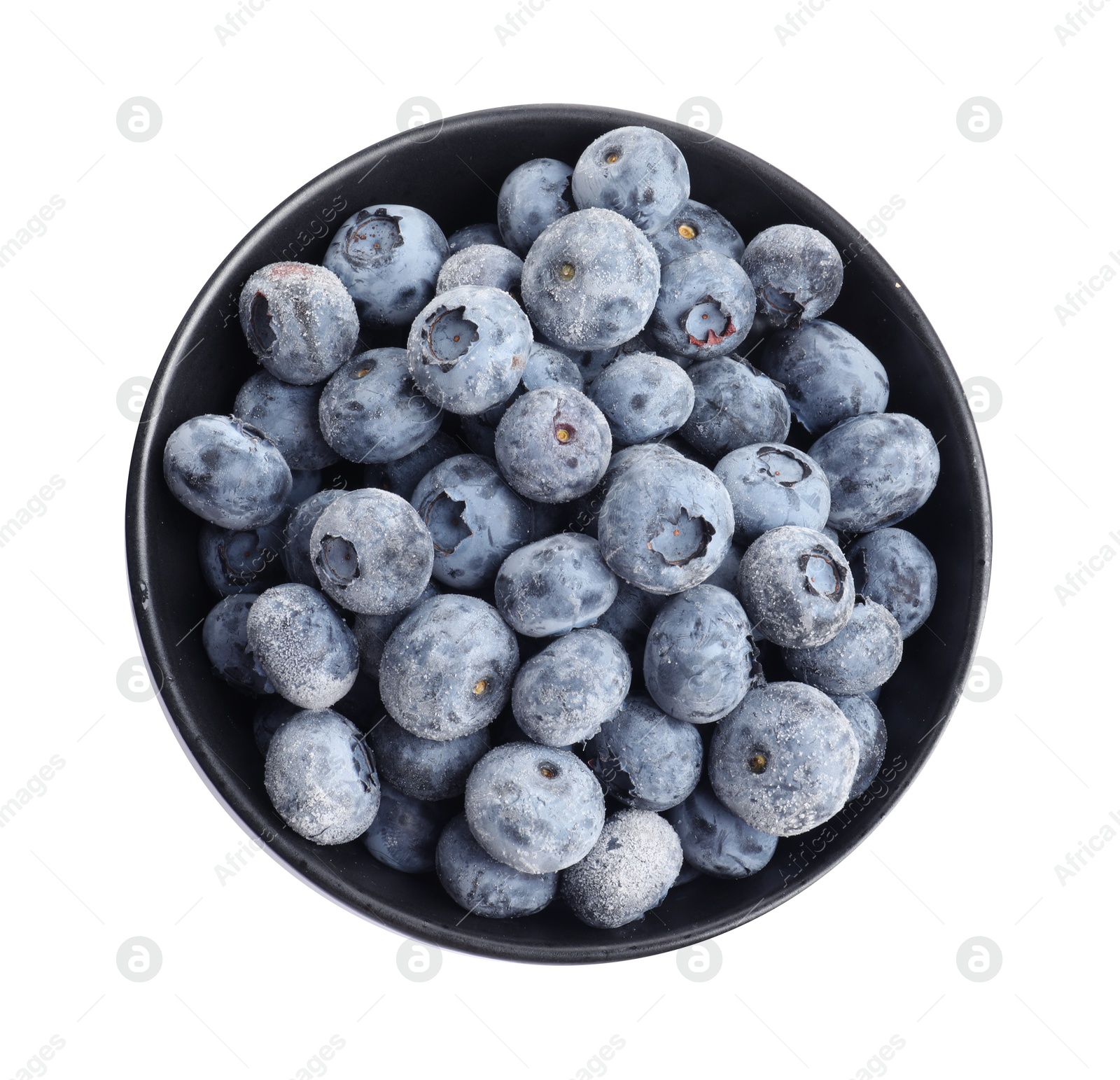 Photo of Many frozen blueberries in bowl isolated on white, top view