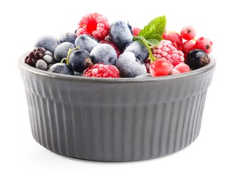 Photo of Many different frozen berries and mint in isolated on white