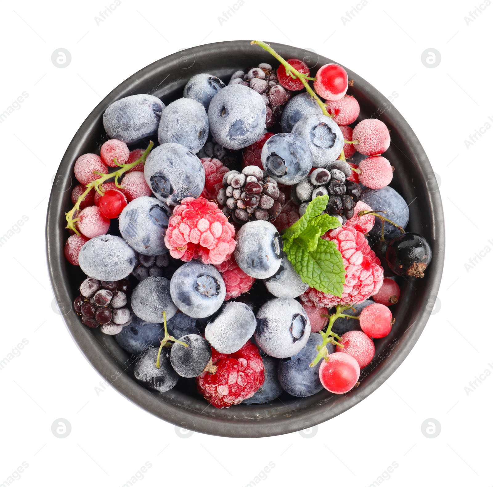 Photo of Many different frozen berries and mint in isolated on white, top view