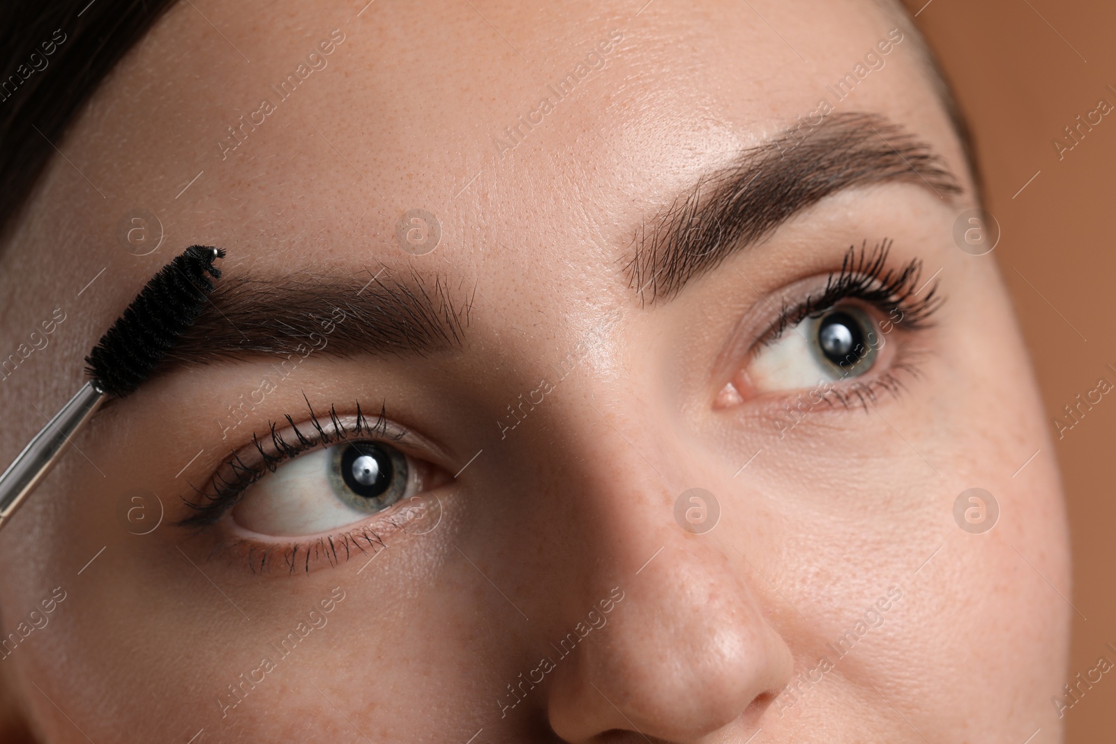 Photo of Young woman brushing her eyebrow with spoolie on brown background, closeup