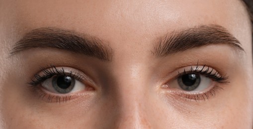 Photo of Eyebrow styling. Young woman with beautiful eyebrows, closeup