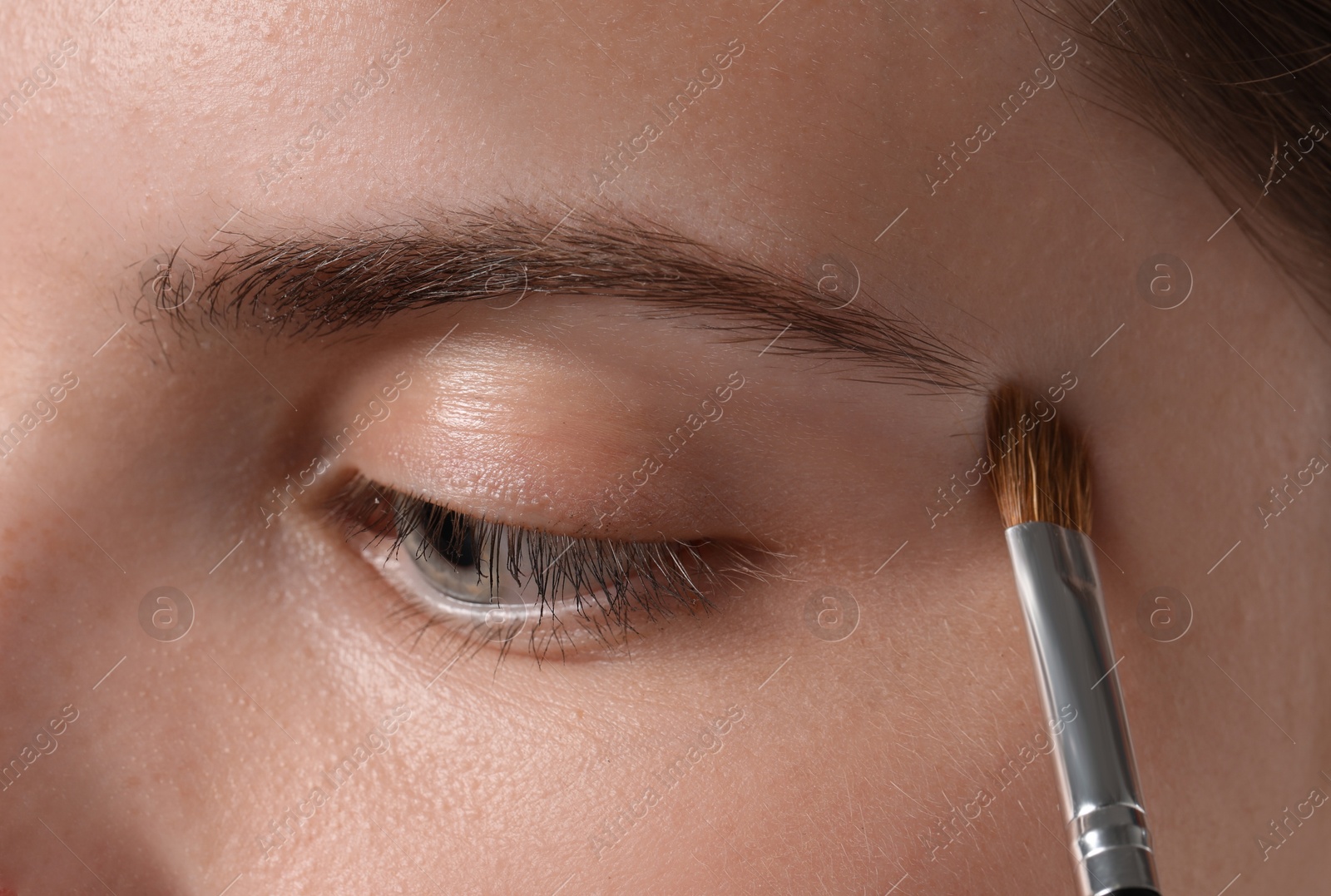 Photo of Young woman applying cosmetic product onto her eyebrow with brush, closeup