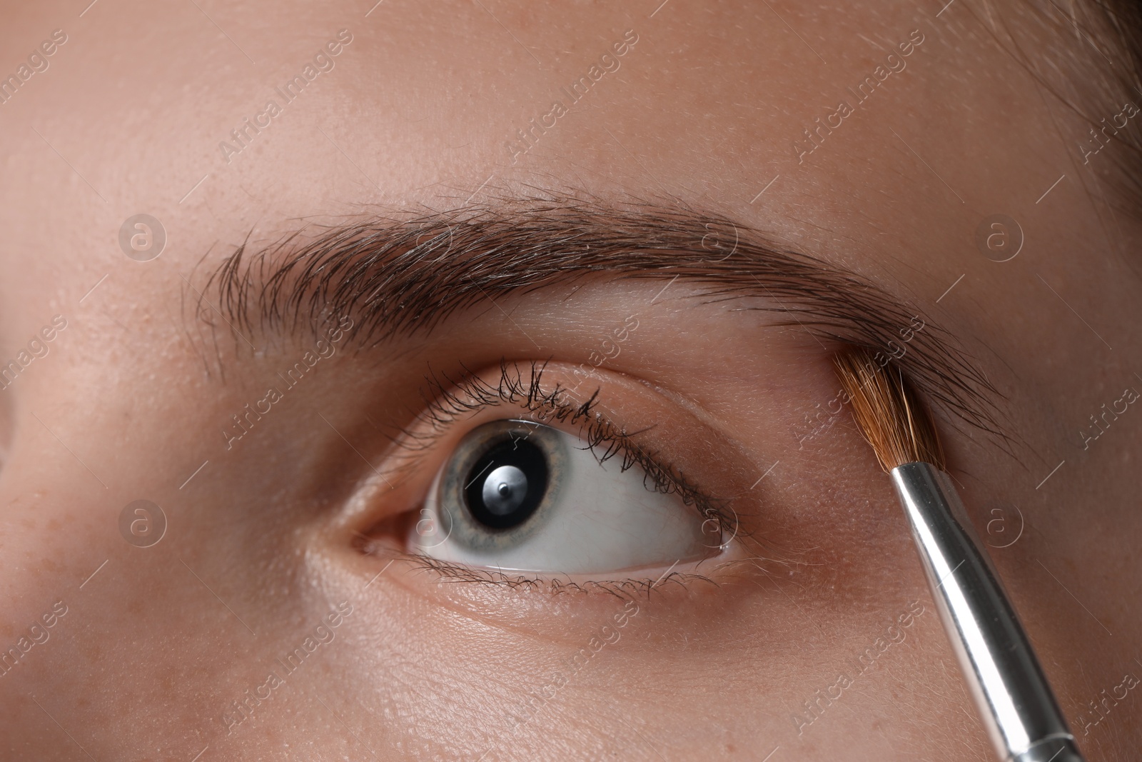 Photo of Young woman applying cosmetic product onto her eyebrow with brush, closeup