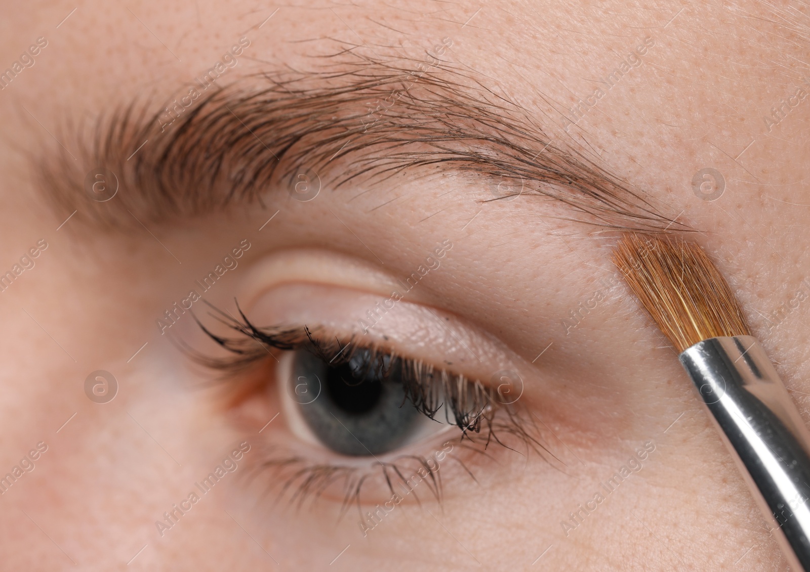 Photo of Young woman applying cosmetic product onto her eyebrow with brush, closeup