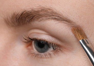 Photo of Young woman applying cosmetic product onto her eyebrow with brush, closeup