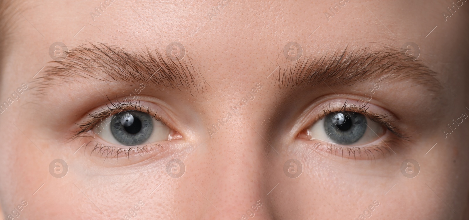 Photo of Eyebrow styling. Young woman with beautiful eyebrows, closeup