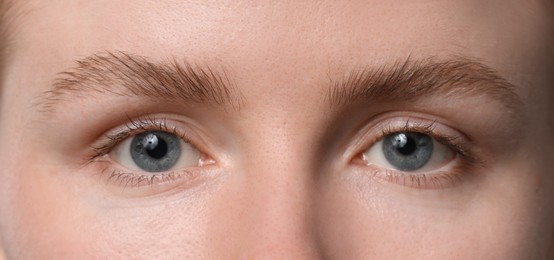 Photo of Eyebrow styling. Young woman with beautiful eyebrows, closeup