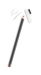 Photo of Eyebrow pencil, brush and strokes isolated on white, top view