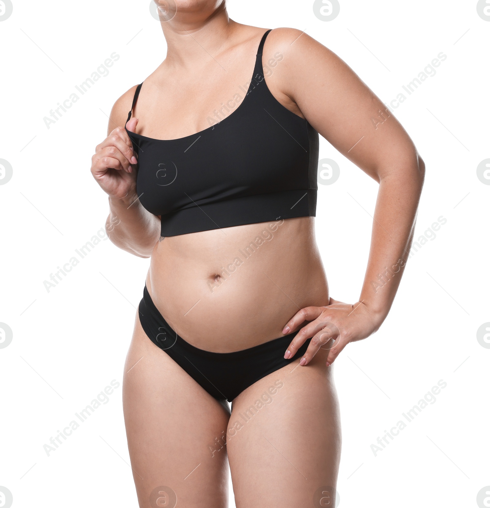 Photo of Liposuction. Woman in underwear on white background, closeup