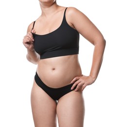 Photo of Liposuction. Woman in underwear on white background, closeup