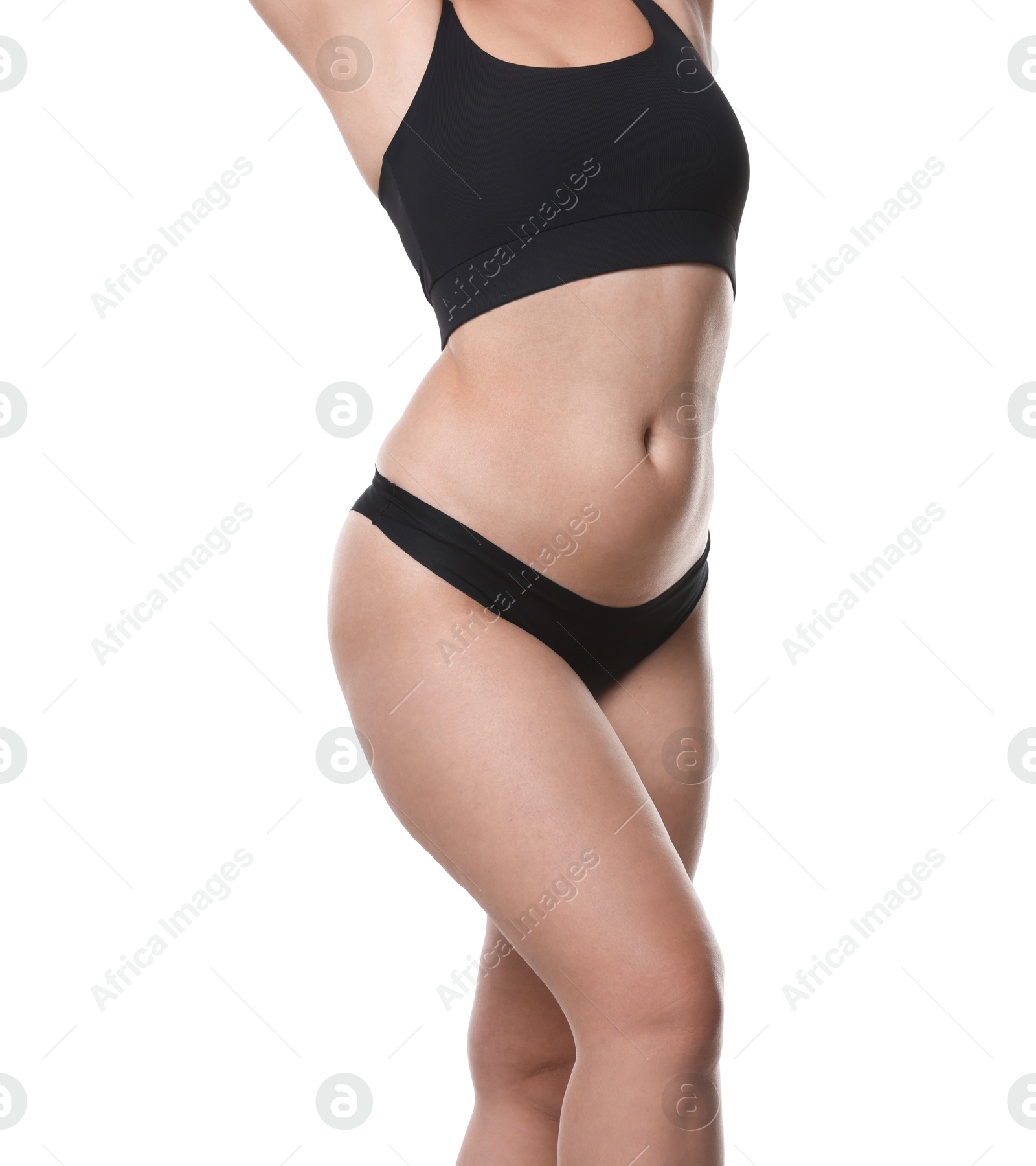 Photo of Liposuction. Woman in underwear on white background, closeup