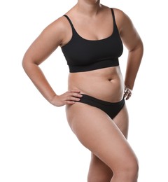 Photo of Liposuction. Woman in underwear on white background, closeup