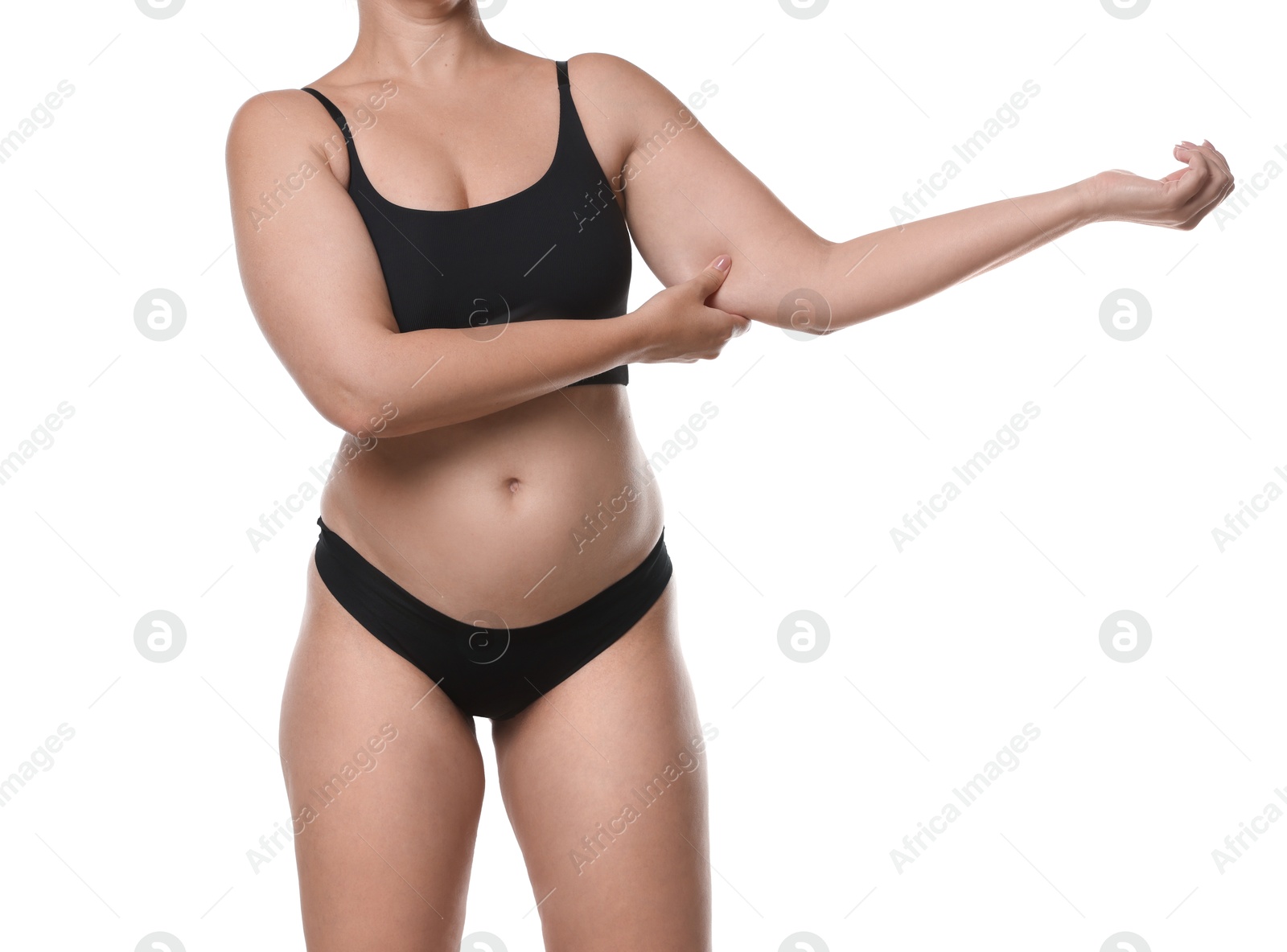 Photo of Liposuction. Woman in underwear touching her arm on white background, closeup