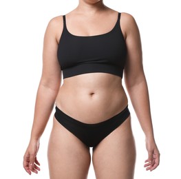 Photo of Liposuction. Woman in underwear on white background, closeup