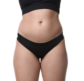 Photo of Liposuction. Woman in underwear on white background, closeup