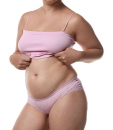 Photo of Liposuction. Woman in underwear on white background, closeup