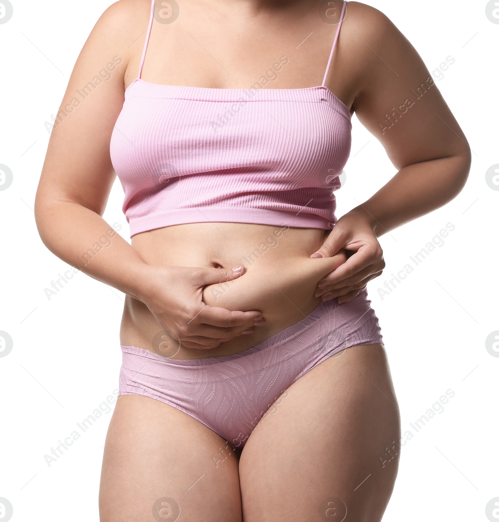Liposuction. Woman in underwear touching her belly on white background, closeup Photo of Liposuction. Woman in underwear touching her belly on white background, closeup