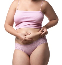 Photo of Liposuction. Woman in underwear touching her belly on white background, closeup