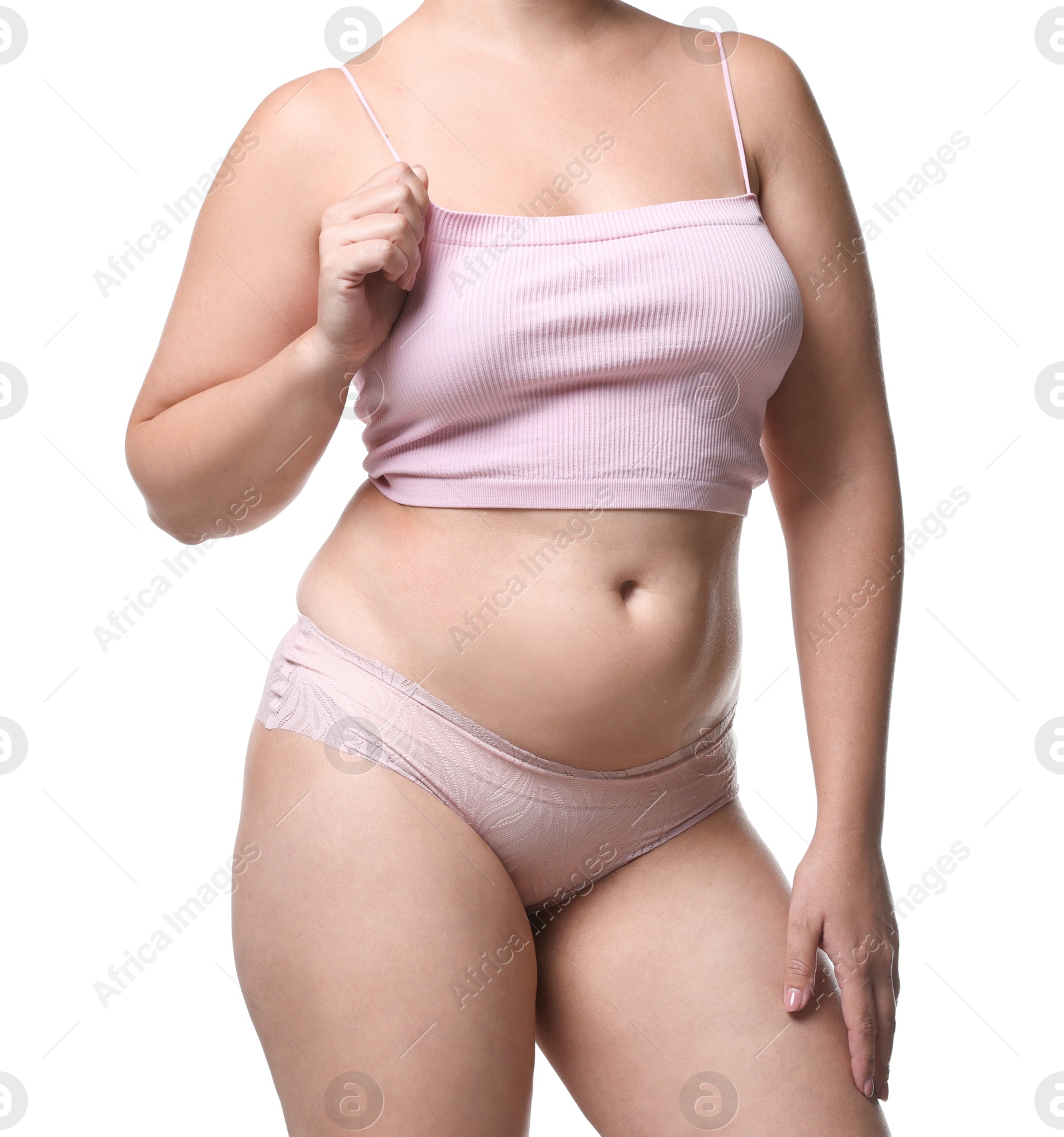 Liposuction. Woman in underwear on white background, closeup Photo of Liposuction. Woman in underwear on white background, closeup