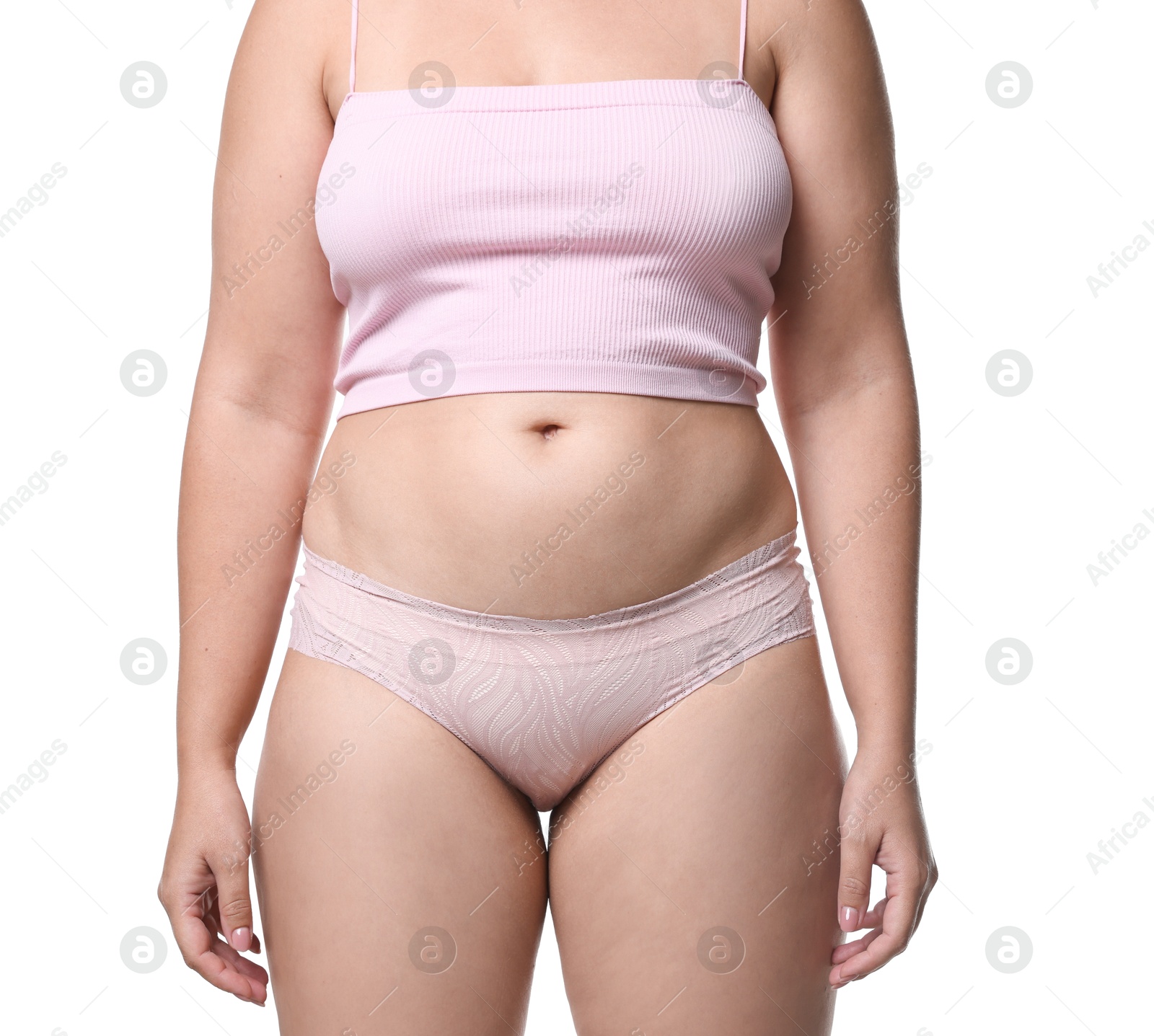 Photo of Liposuction. Woman in underwear on white background, closeup