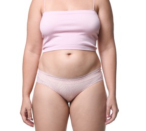 Photo of Liposuction. Woman in underwear on white background, closeup