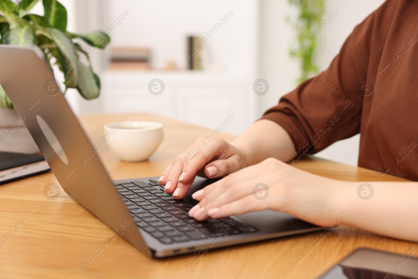 Copywriter using laptop at wooden table indoors, closeup Photo of Copywriter using laptop at wooden table indoors, closeup