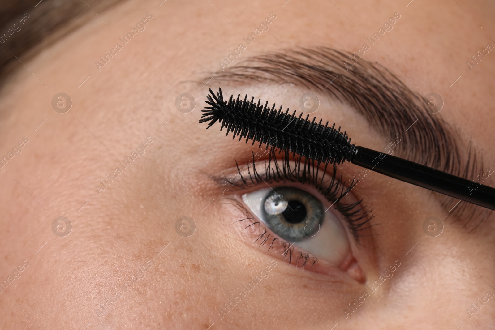 Young woman applying mascara onto her eyelashes, closeup Photo of Young woman applying mascara onto her eyelashes, closeup