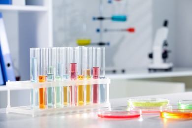 Photo of Test tubes with different samples and Petri dishes on table in laboratory. Solution chemistry