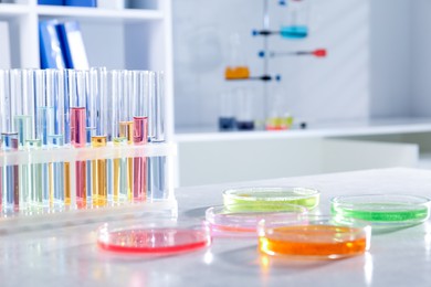 Photo of Petri dishes with different samples and test tubes on light table in laboratory, closeup. Solution chemistry