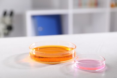 Photo of Petri dishes with different samples on white table in laboratory, closeup. Solution chemistry