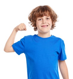 Photo of Strength. Happy little boy showing his biceps on white background
