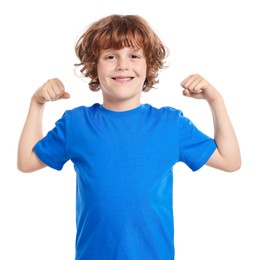 Photo of Strength. Happy little boy showing his biceps on white background