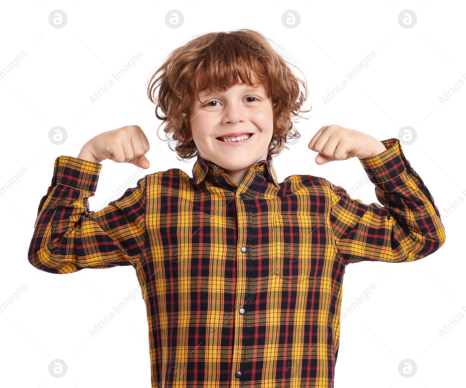 Photo of Strength. Happy little boy showing his biceps on white background