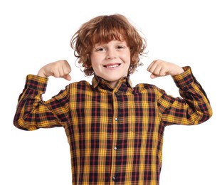 Photo of Strength. Happy little boy showing his biceps on white background