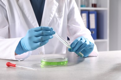 Photo of Scientist taking sample at grey table in laboratory, closeup. Solution chemistry