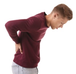 Photo of Man suffering from back pain on white background