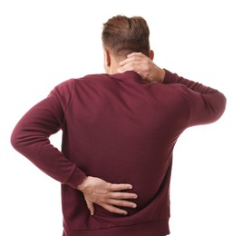 Photo of Man suffering from neck pain on white background, back view