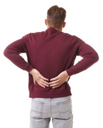 Photo of Man suffering from pain on white background, back view
