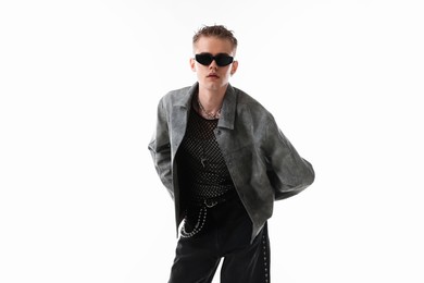 Photo of Handsome young man wearing stylish jacket and sunglasses on white background