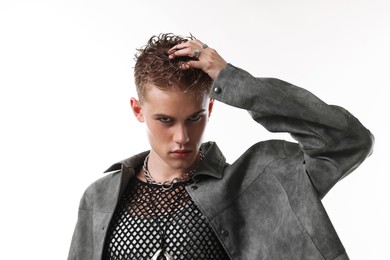 Photo of Handsome young man wearing stylish jacket on white background