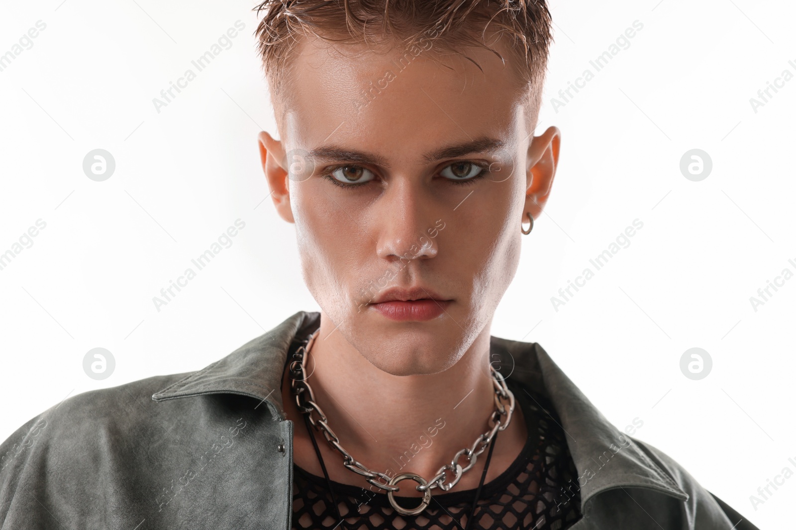 Photo of Handsome young man wearing stylish jacket on white background