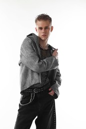 Photo of Handsome young man wearing stylish jacket on white background