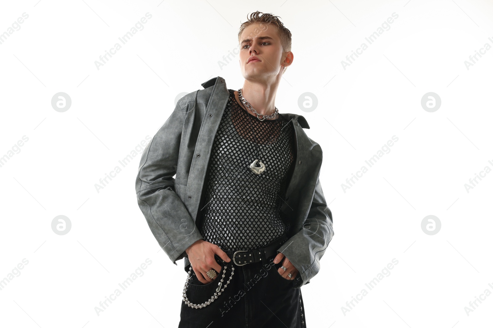 Photo of Handsome young man wearing stylish jacket on white background