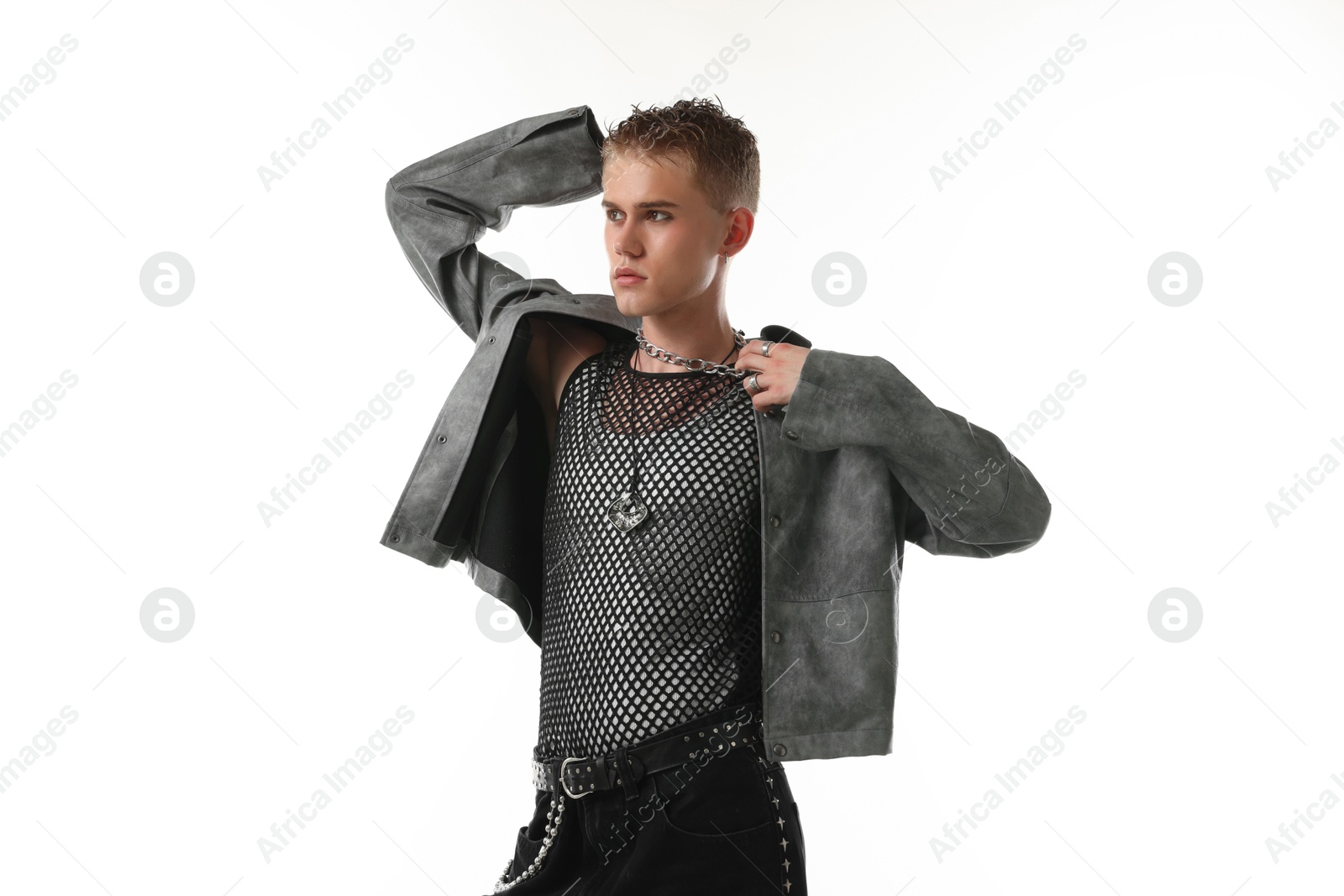 Photo of Handsome young man wearing stylish jacket on white background