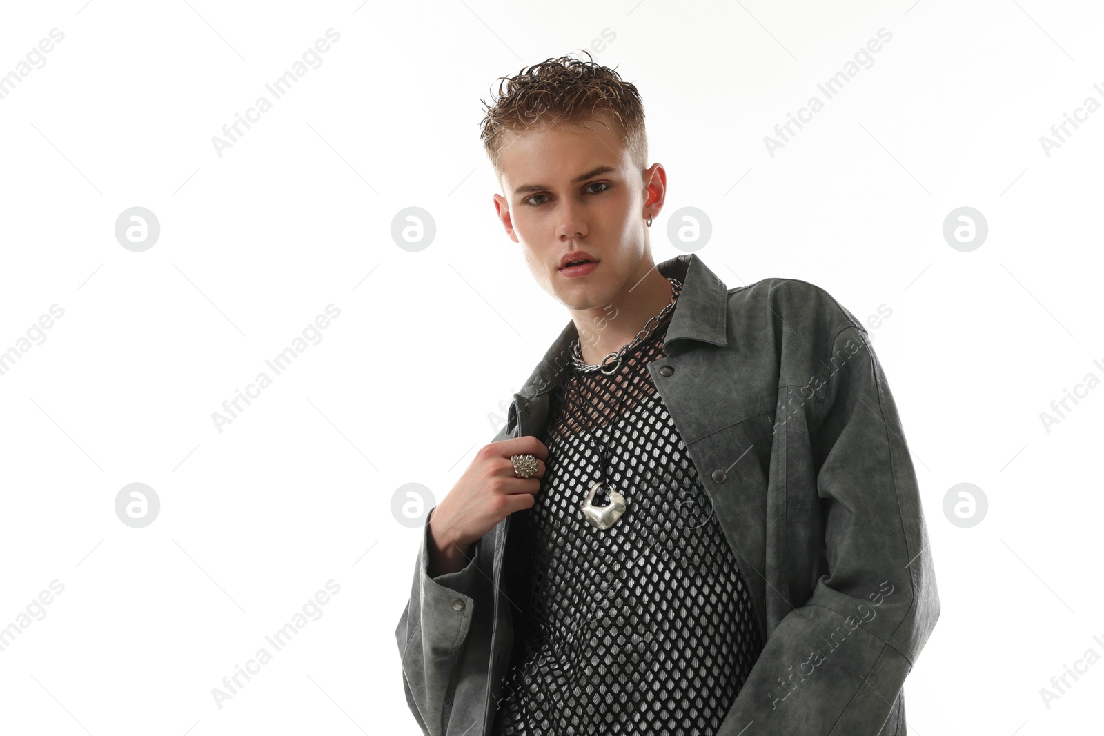 Photo of Handsome young man wearing stylish jacket on white background