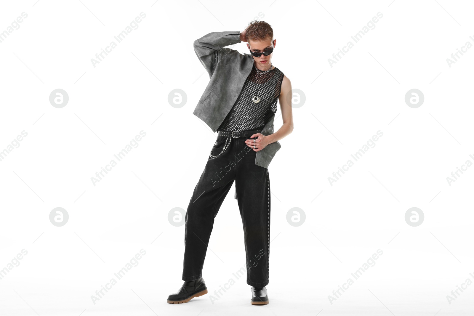 Photo of Handsome young man wearing stylish jacket and sunglasses on white background