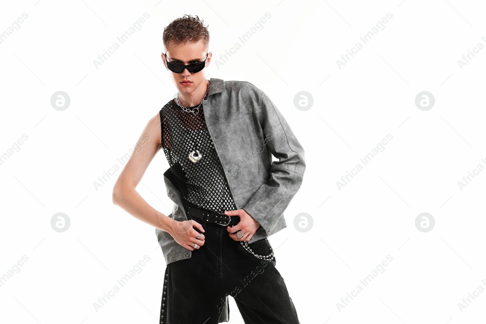 Photo of Handsome young man wearing stylish jacket and sunglasses on white background