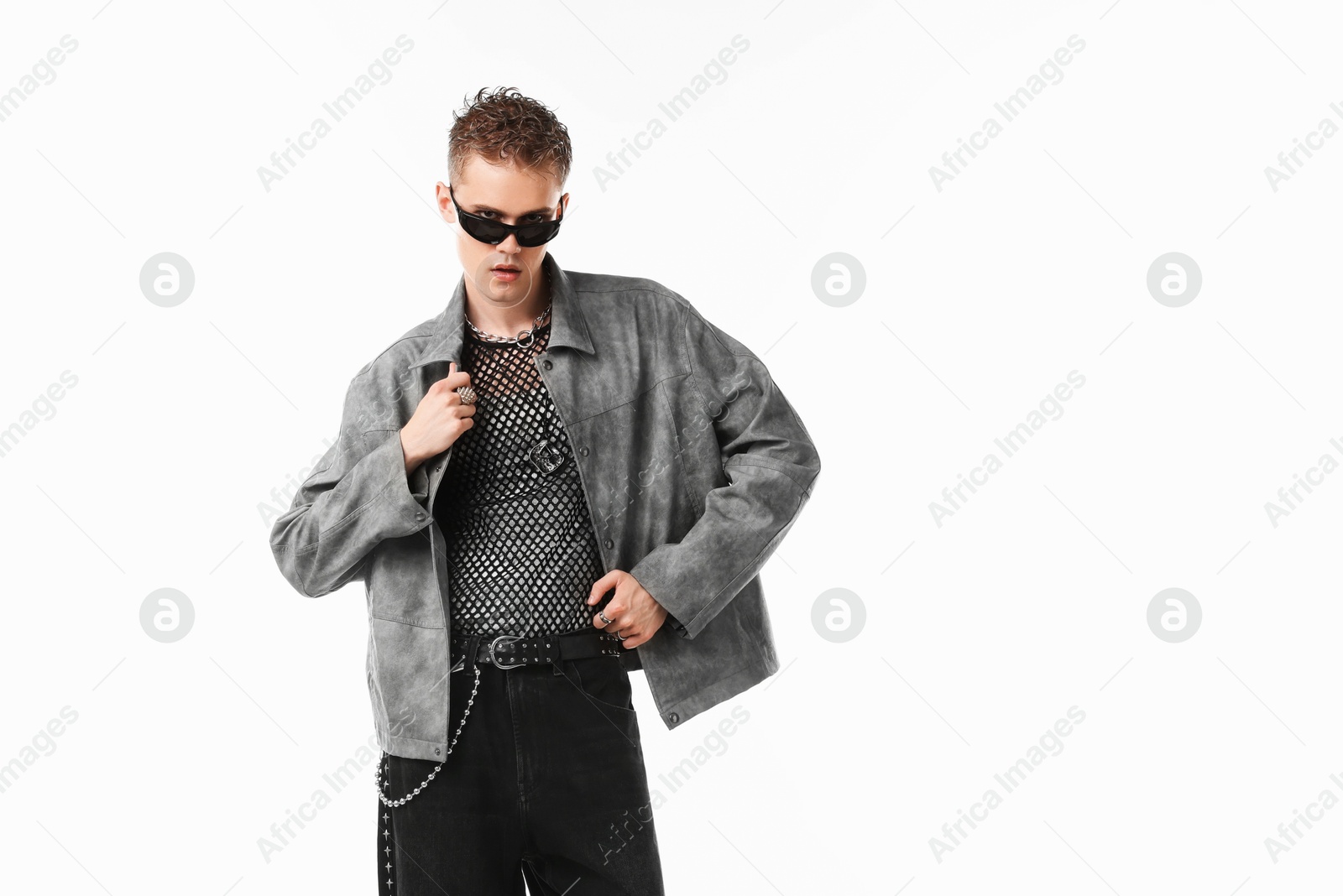 Photo of Handsome young man wearing stylish jacket and sunglasses on white background