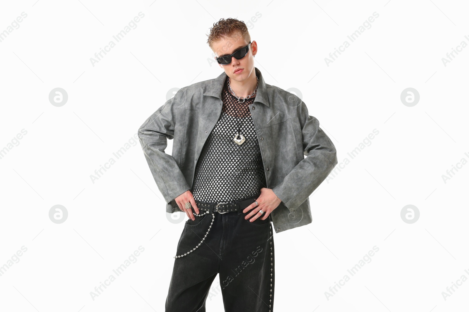 Photo of Handsome young man wearing stylish jacket and sunglasses on white background