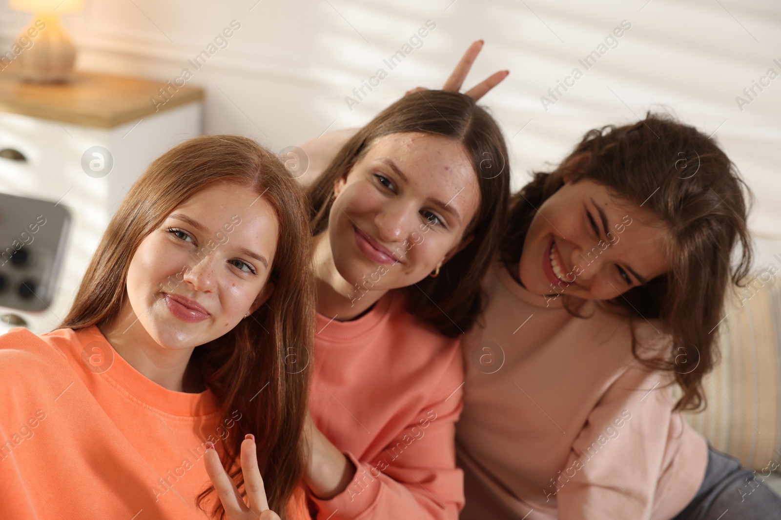 Portrait of happy friends taking selfie at home Photo of Portrait of happy friends taking selfie at home